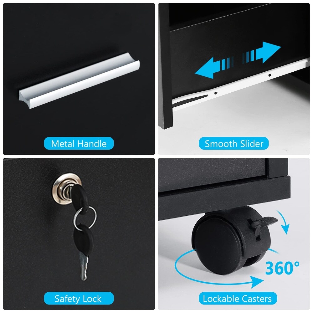 3 Drawer File Cabinet with Lock  Mobile Lateral Filing Cabinet with Rolling Wheels  Printer Stand with Open Storage Shelves