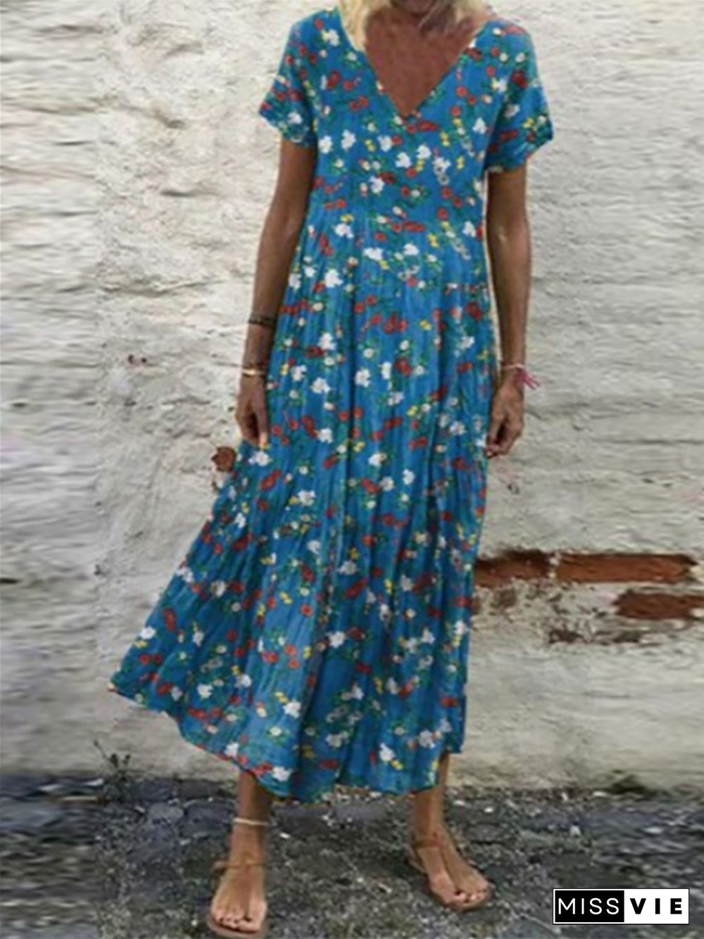 New V-neck Short Sleeve Long Skirt Retro Print Loose Dress Women's Dress