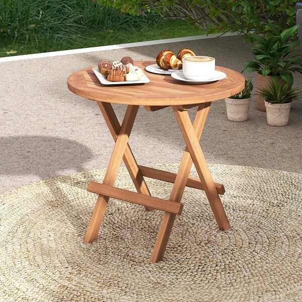 Patio Folding Side Table Indonesia Teak Wood Round Slatted Tabletop Portable