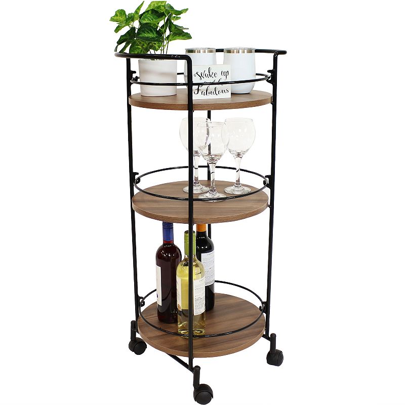 Sunnydaze Round Metal 3-Tiered Bar Cart with Wheels - 34.5 in