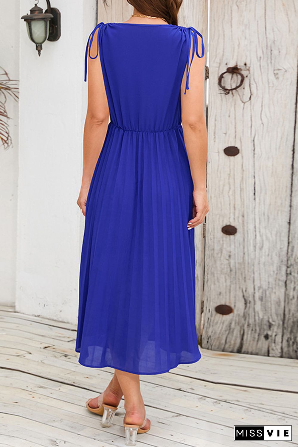 V Neck High Waist Ruched Neck Pleated Midi Dress