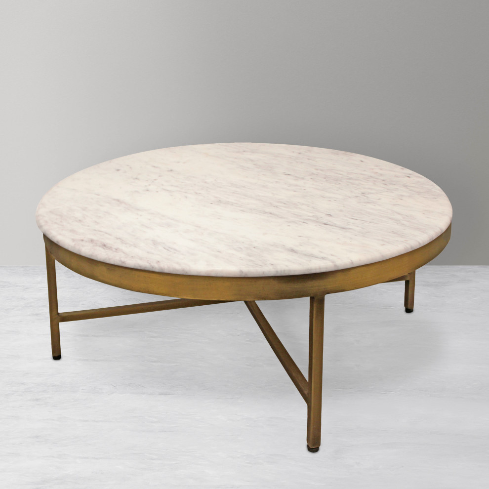 Orlando Carlton Ivory Marble Top Round Coffee Table on Brass Color Iron Base   Contemporary   Coffee Tables   by Moti  Houzz