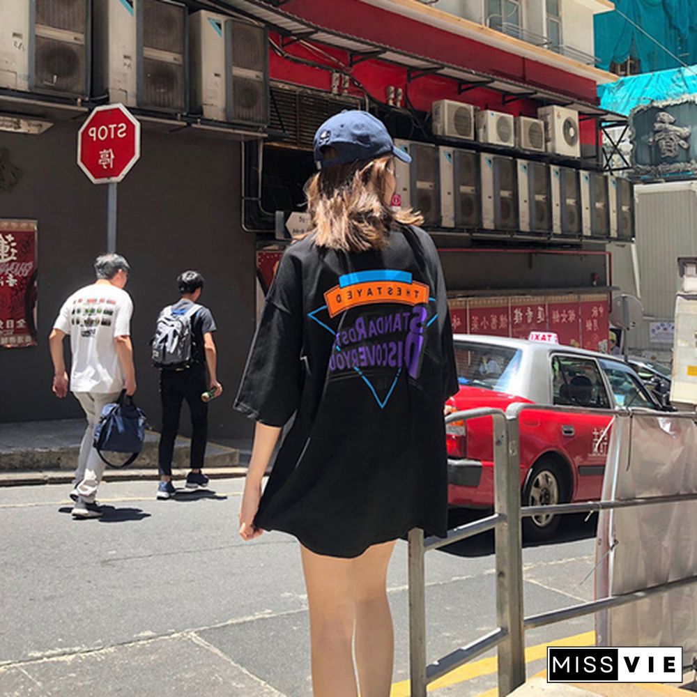 T-Shirts Women Half Sleeve O-Neck Lengthen Loose Streetwear Letter Printing Chic Summer Clothing Harajuku Soft Thin All-Match