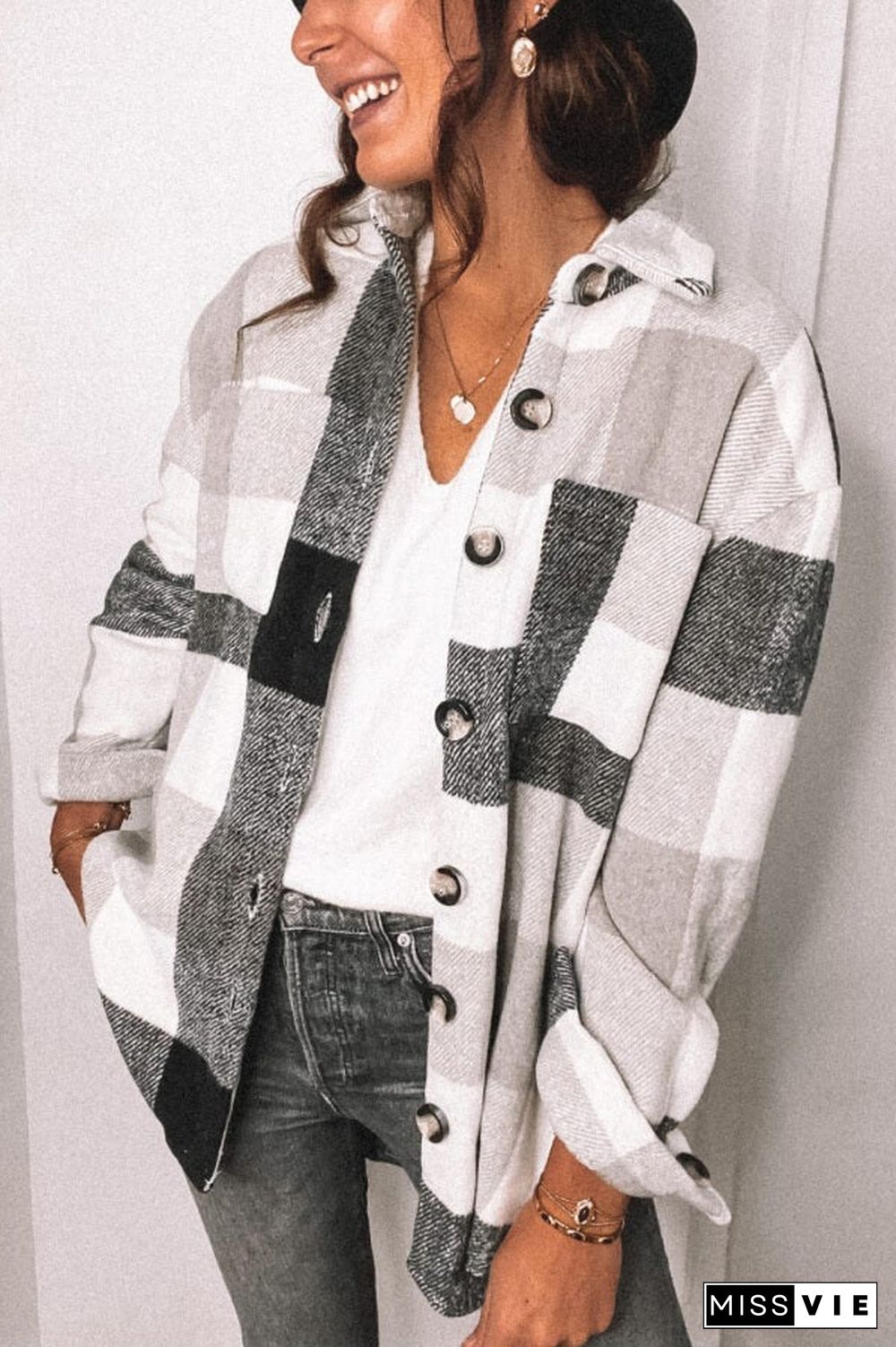 Fashion Plaid Loose Woollen Coat