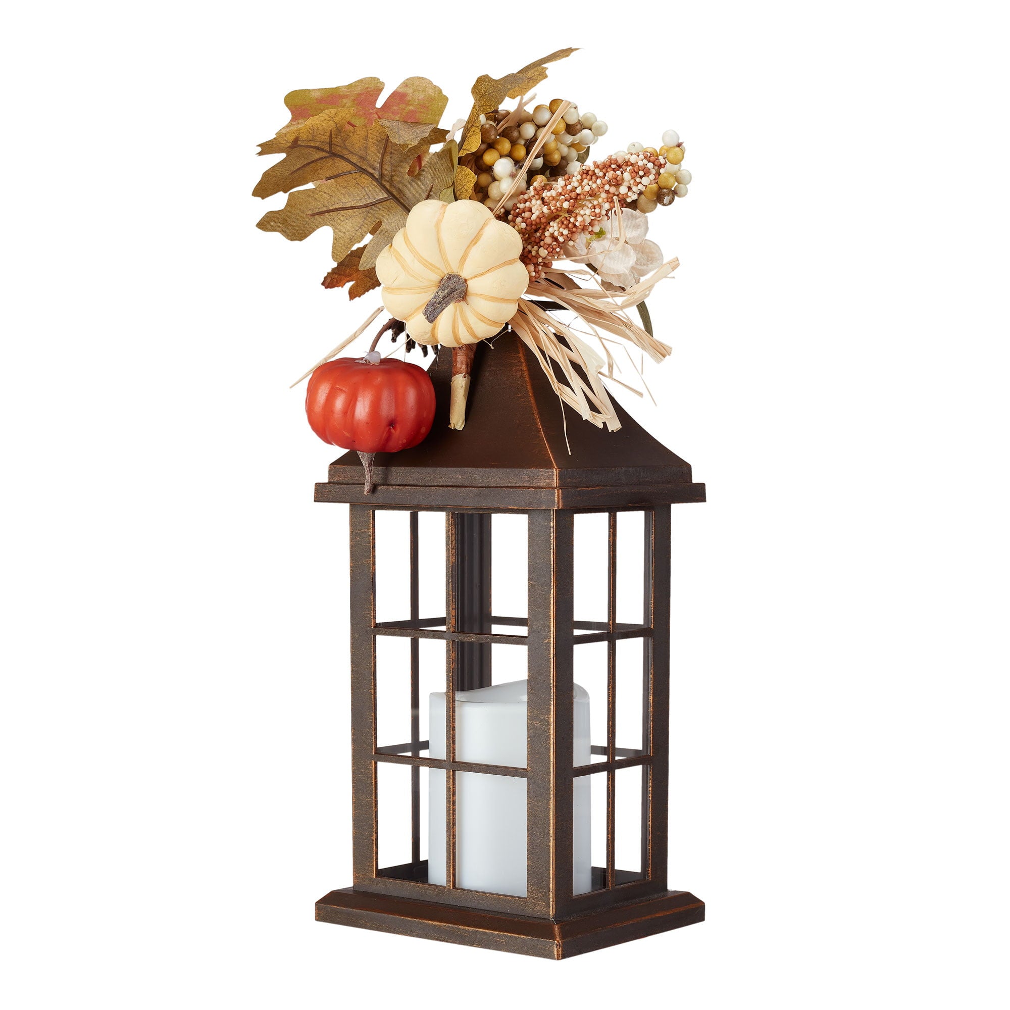 Way To Celebrate Harvest Set Of 2 Wood Color Lanterns- Pumpkin with LED battery candle