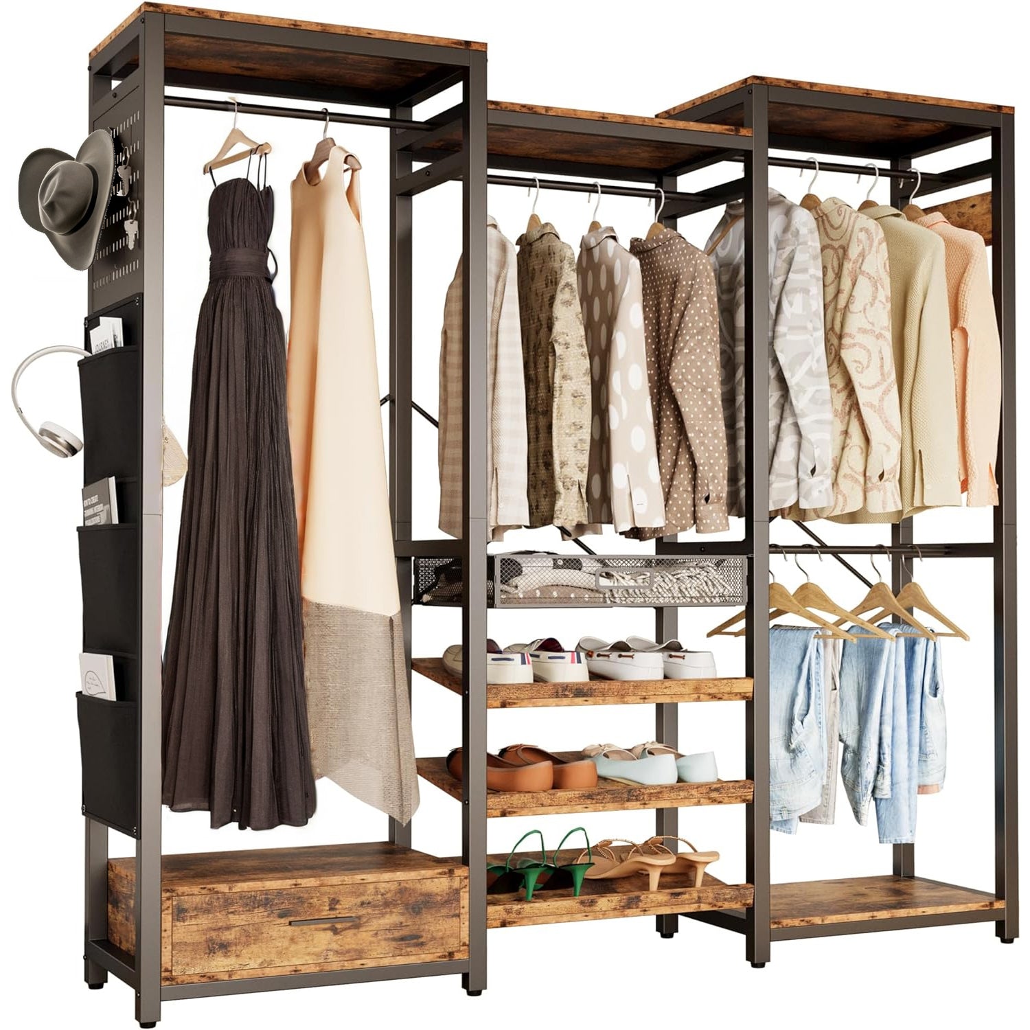 Clothes Rack Garment Rack with Hanging Rods, Shelves, and Storage Drawer