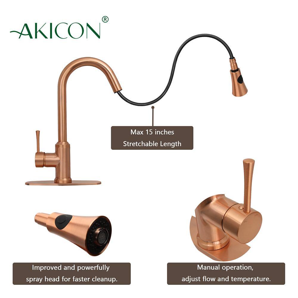 Akicon Single-Handle Pull Down Sprayer Kitchen Faucet with Deckplate in Brushed Copper AK96466-C