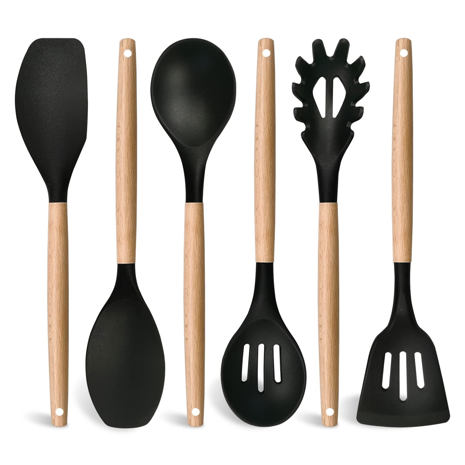 Kitchen Utensils Set of 6, E-far Silicone Cooking Utensils with Wooden Handle, Non-stick Cookware Friendly & Heat Resistant, Includes Spatula/Ladle/Slotted Turner/Serving Spoon/Spaghetti Server(Black)