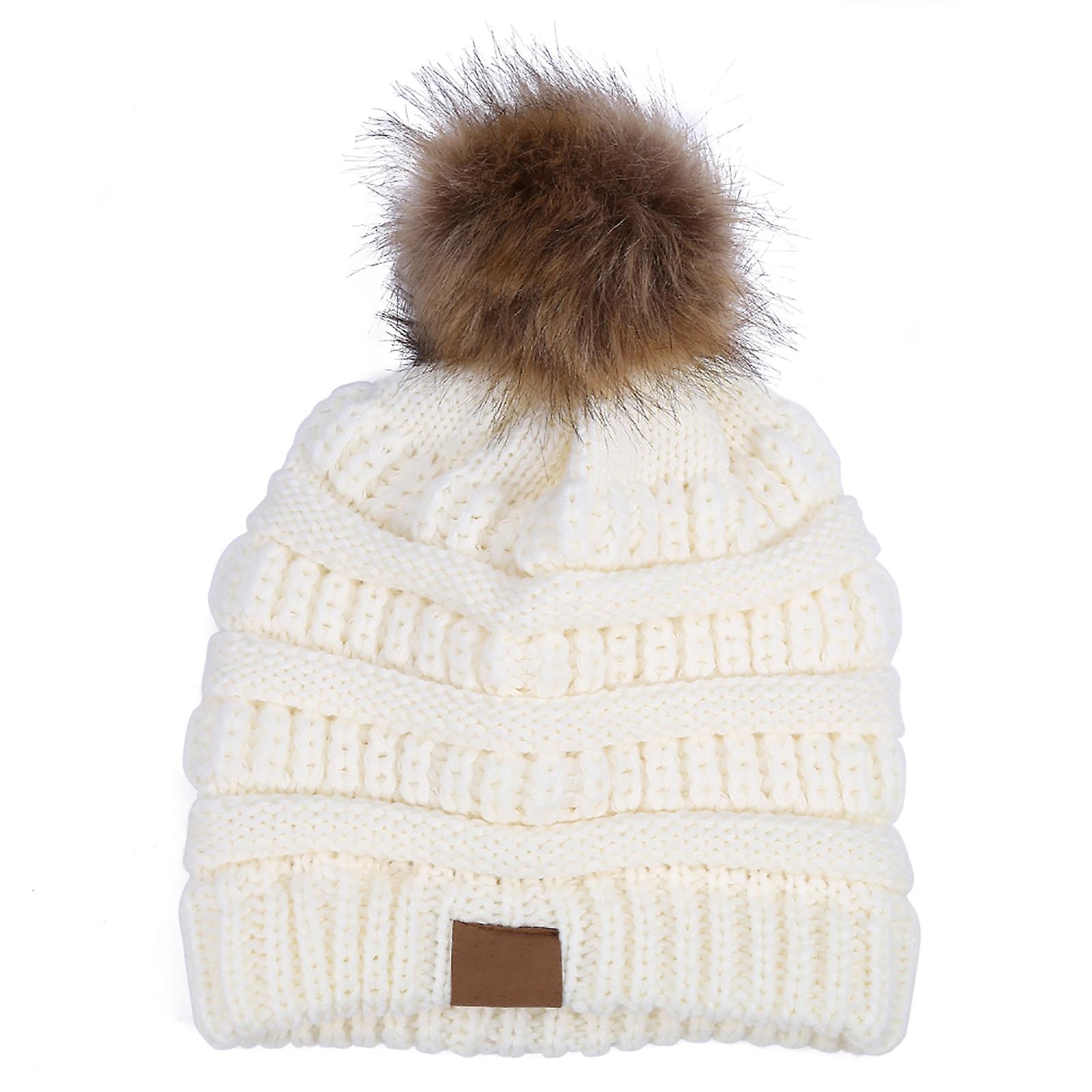 Fashionable Knitted Cap Faux Raccoon Fur Pompom Winter Hat For Keeping Warm (white)