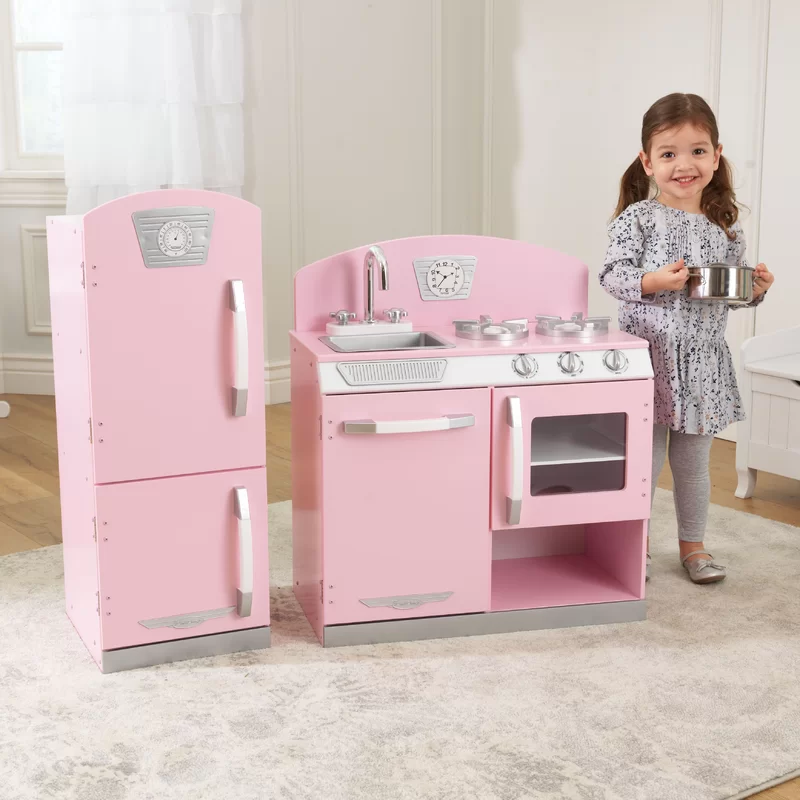 KidKraft Retro Wooden Play Kitchen and Refrigerator 2-Piece Set with Faucet， Sink， Burners and Working Knobs， Pink， Gift for Ages 3+