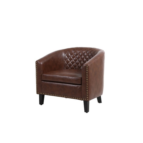 Leisure Pu Leather Accent Barrel Chair Curved Edges Livingroom Chair with Nailheads and Solid Wood Legs