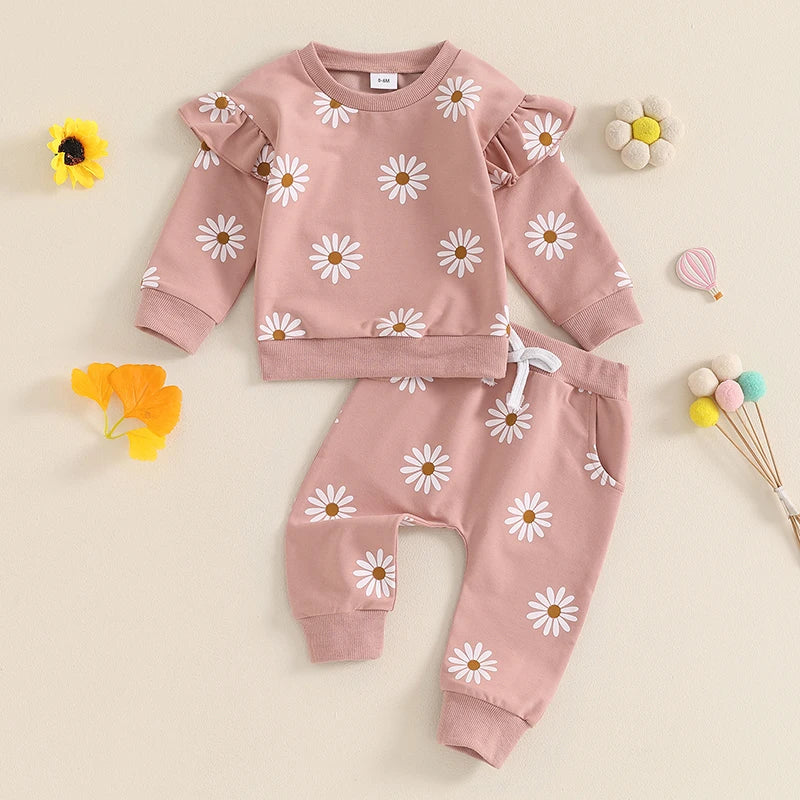 Toddler Kids Clothes Girls Clothing Floral Print Long Sleeve Loose Pullover Sweatshirts+Pocket Pants Sets