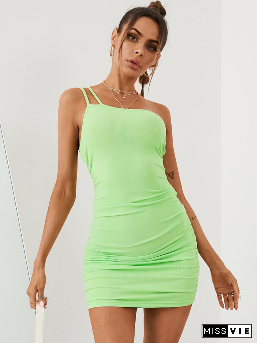 Solid Backless Irregular One Shoulder Mini Bodycon Sexy Dress