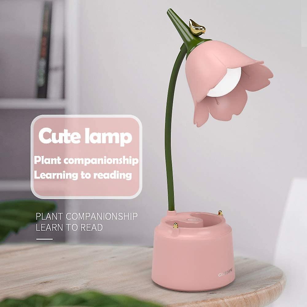 Cute Desk Lamp Rechargeable Led Night Light Table Lamp For Bedroom Flowers Reading Light With Pen Holder 3 Color Modes and Dimming