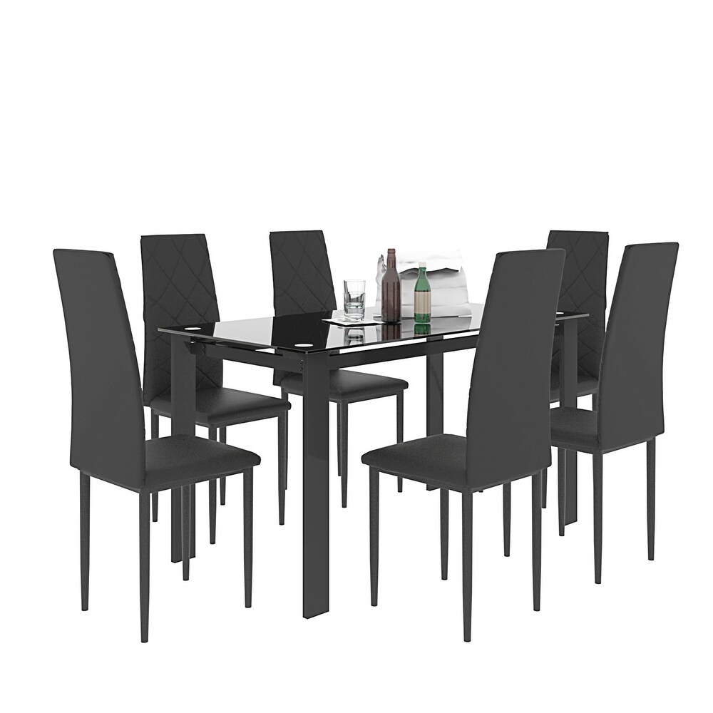 Classic 7 Piece Dining Table Set with Rectangular Toughened Glass Dining Table and PU Leather High Back Dining Chairs  Black