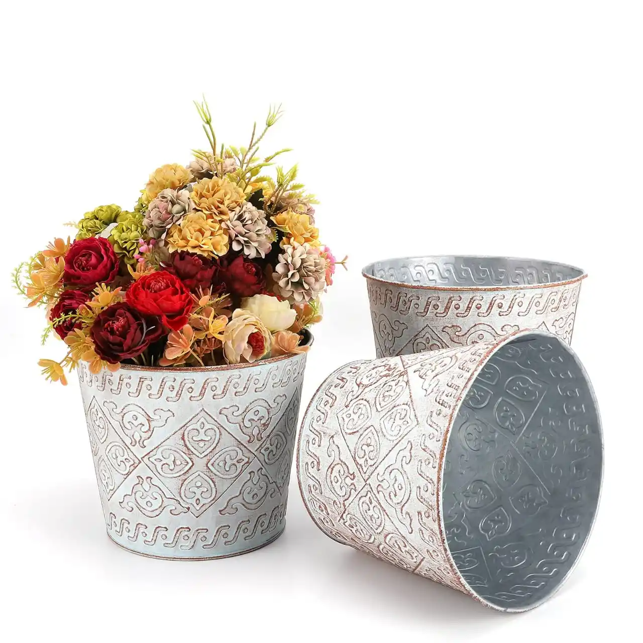 Top Sale Indoor Outdoor Garden Decorative Metal Flower Planters Embossed Home Decoration Pot with Wholesale Price