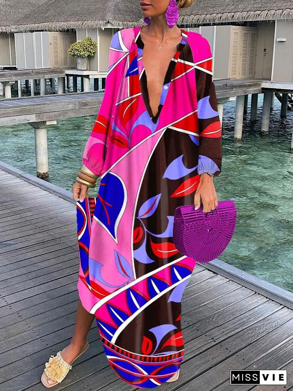 Women'S Dresses Loose V-Neck Long Sleeve Print Dress