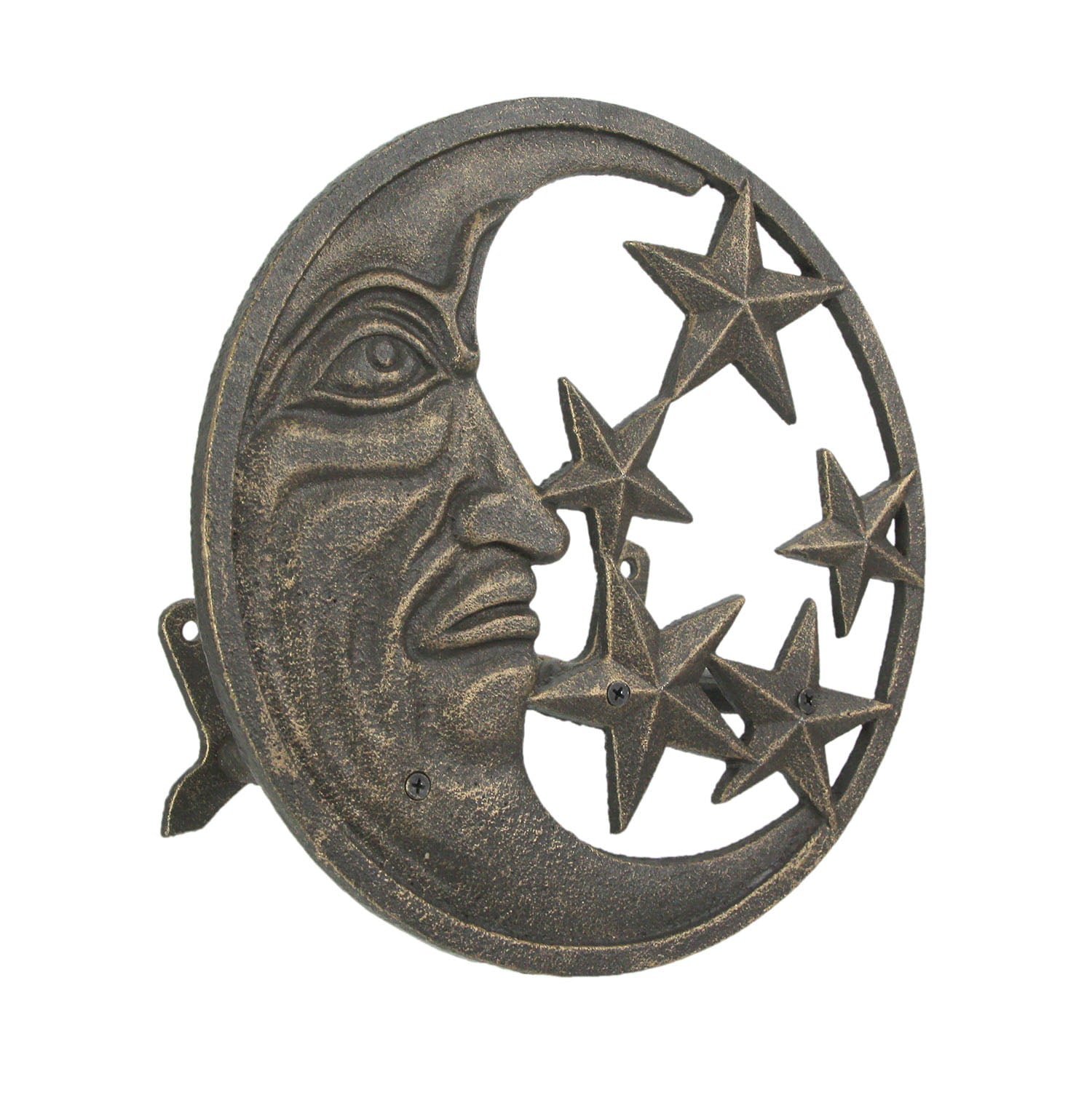 Zeckos Cast Iron Crescent Moon and Stars Wall Mounted Garden Hose Holder Bronze Finish