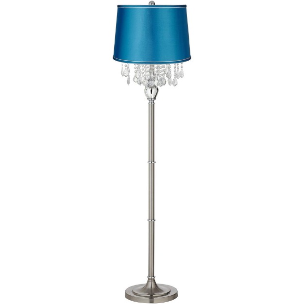 Tall Satin Steel Chrome Crystal Strands Turquoise Satin Drum Shade For Living Room Reading Bedroom