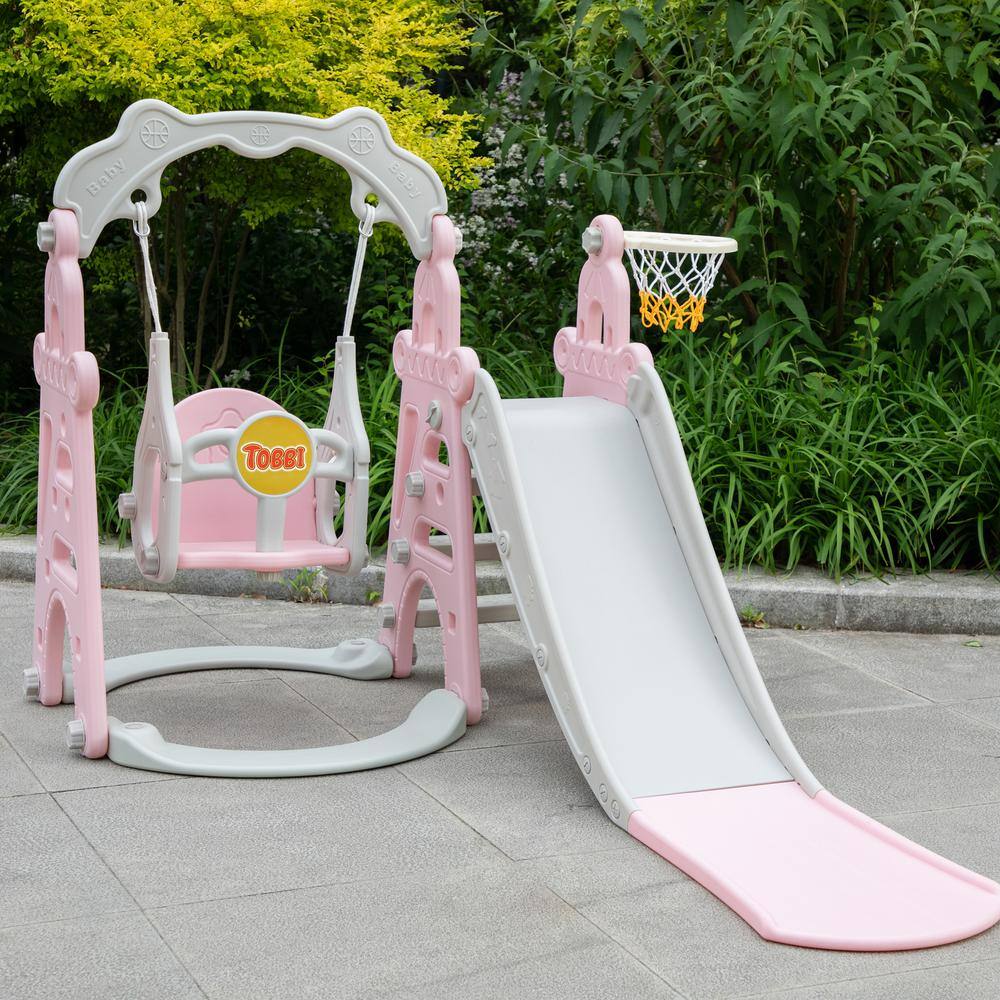 Nyeekoy 3-in-1 Kids Slide and Swing Set Toddler Climber Playset Indoor Outdoor Playground Pink and Grey TH17G0755-T01