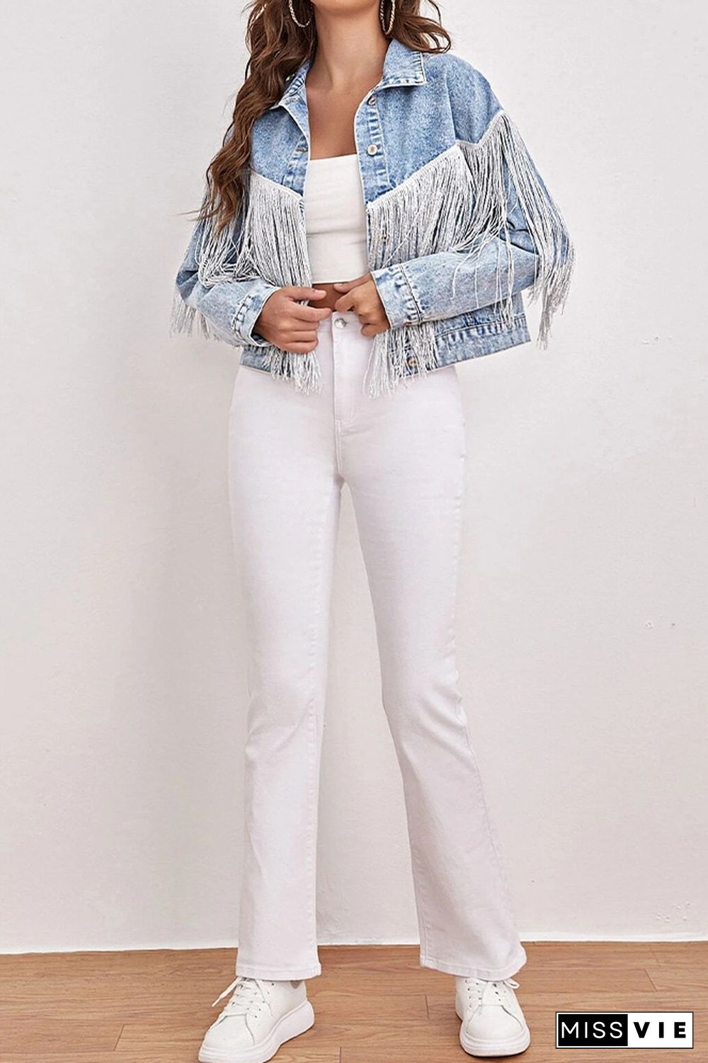 Light Blue Tassle Distressed Denim Jacket Coat