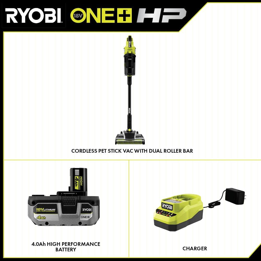 RYOBI ONE+ HP 18V Brushless Cordless Pet Stick Vac with Kit with Dual-Roller, 4.0 Ah HIGH PERFORMANCE Battery, and Charger PBLSV717K