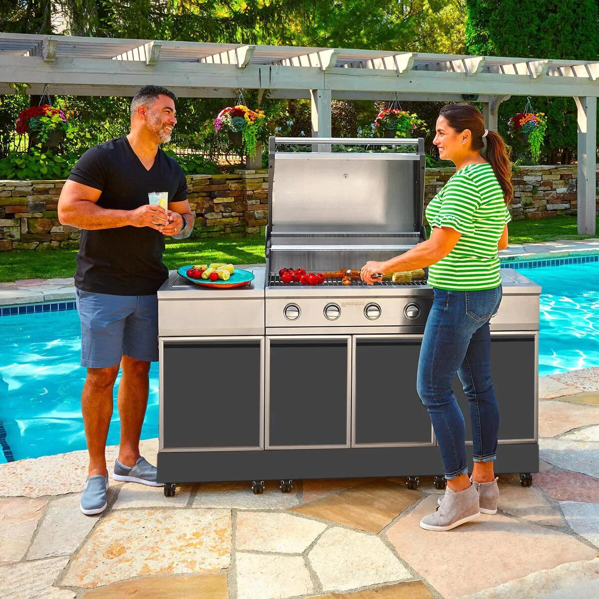 TYTUS Charcoal Grey 4-Burner Propane Gas Grill Island With Sear Burner and Ice Bucket