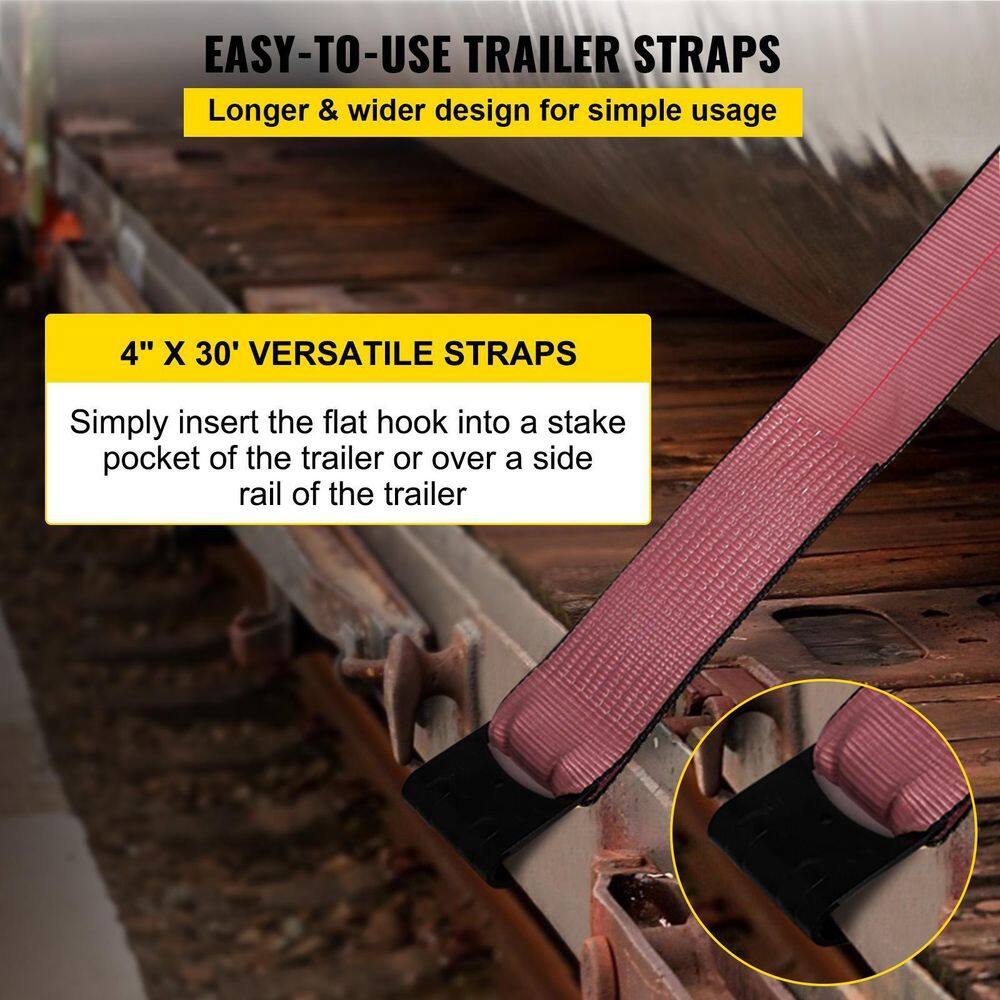 VEVOR Winch Straps 15400 lbs. Load Capacity Heavy Duty Flatbed Straps 4 in. x 30 ft. with a Flat Hook (Red 10-Pack) HSJDPGB4X3010L6TDV0