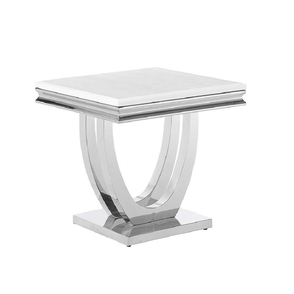 Faux Marble Top End Table with Metal Base in White and Polished Chrome