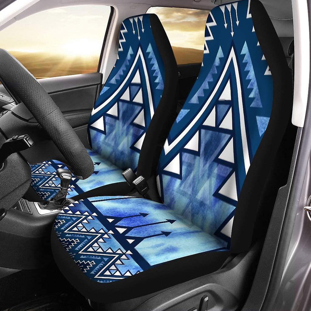 Set Of 2 Car Seat Covers Blue Tribal Watercolor Aztec Fancy Abstract Geometric Universal Auto Front Seats Protector Fits