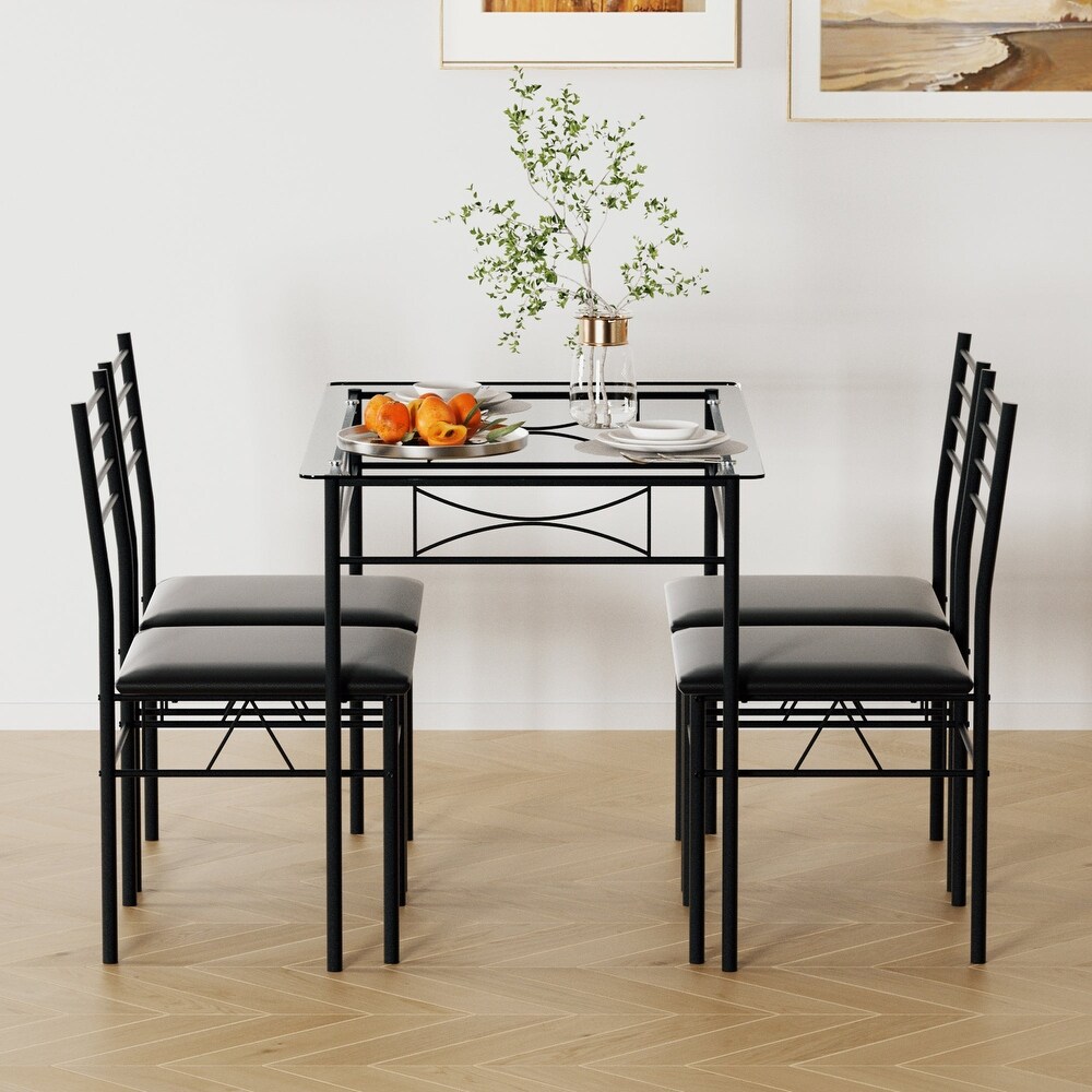 Javlergo 5 pieces Dining Set with Tempered Glass Table and Upholstered Chairs Kitchen Furniture