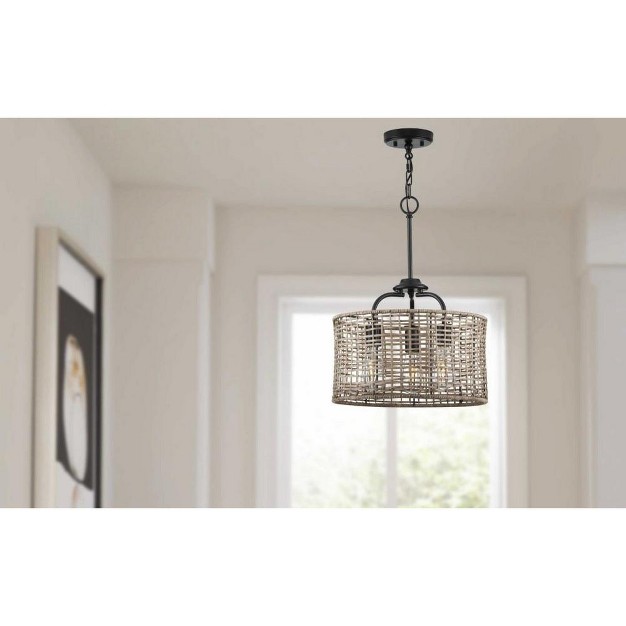 Progress Lighting Lavelle 3 light Semi flush Mount Ceiling Light Matte Black Natural Rattan Shade