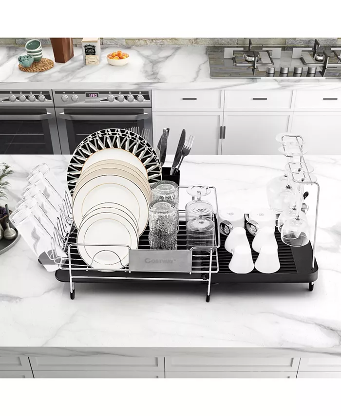 SUGIFT Stainless Steel Expandable Dish Rack with Drain board and Swivel Spout