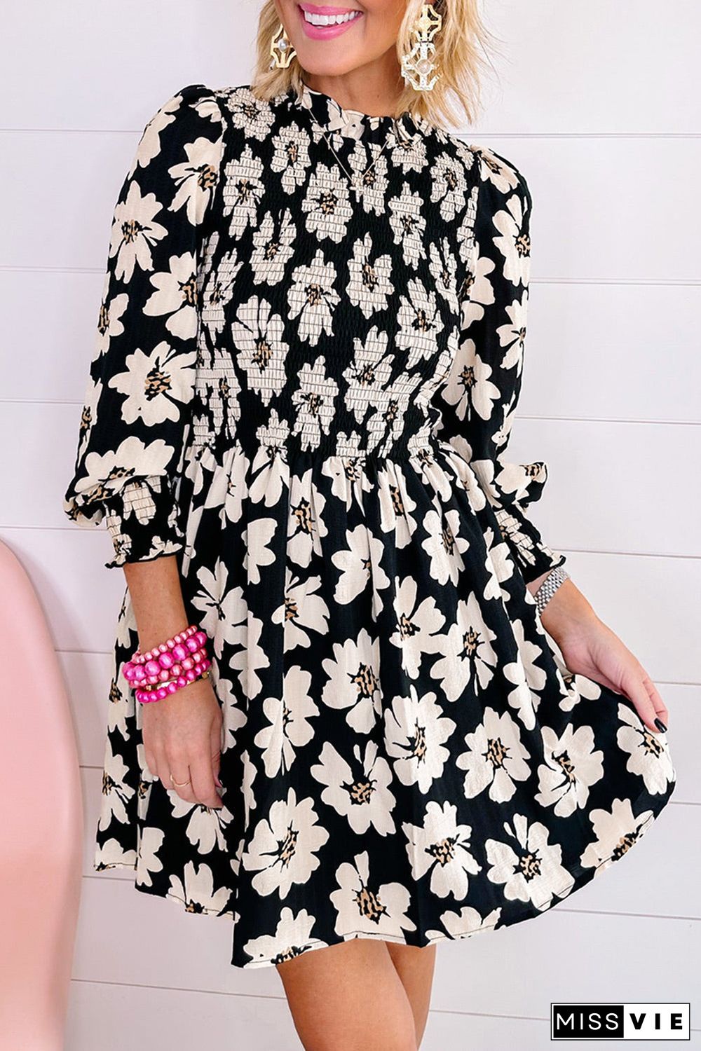 Black Floral Print Smocked Bracelet Sleeve Mini Dress