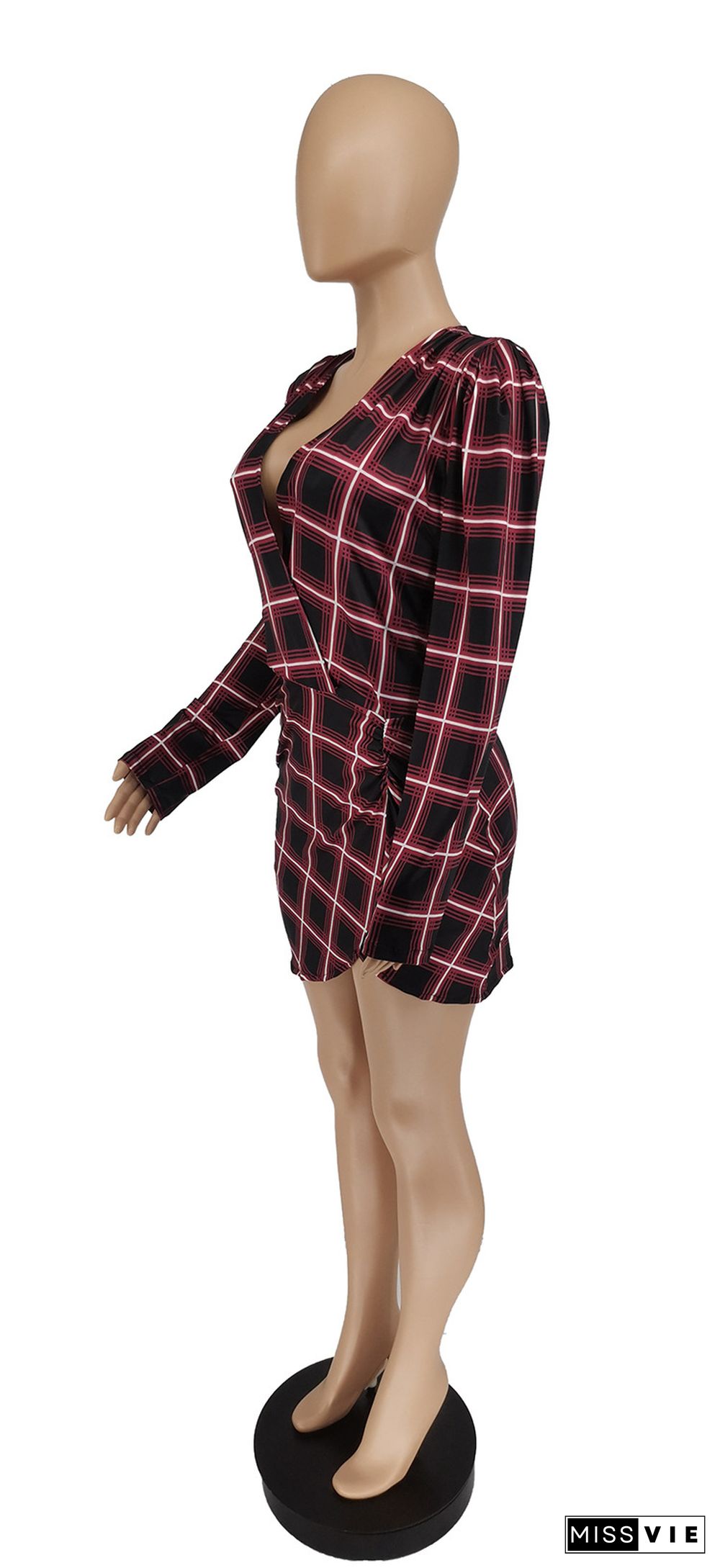 Women Sexy Deep V Neck Long Sleeve Sheath Plaid Dress