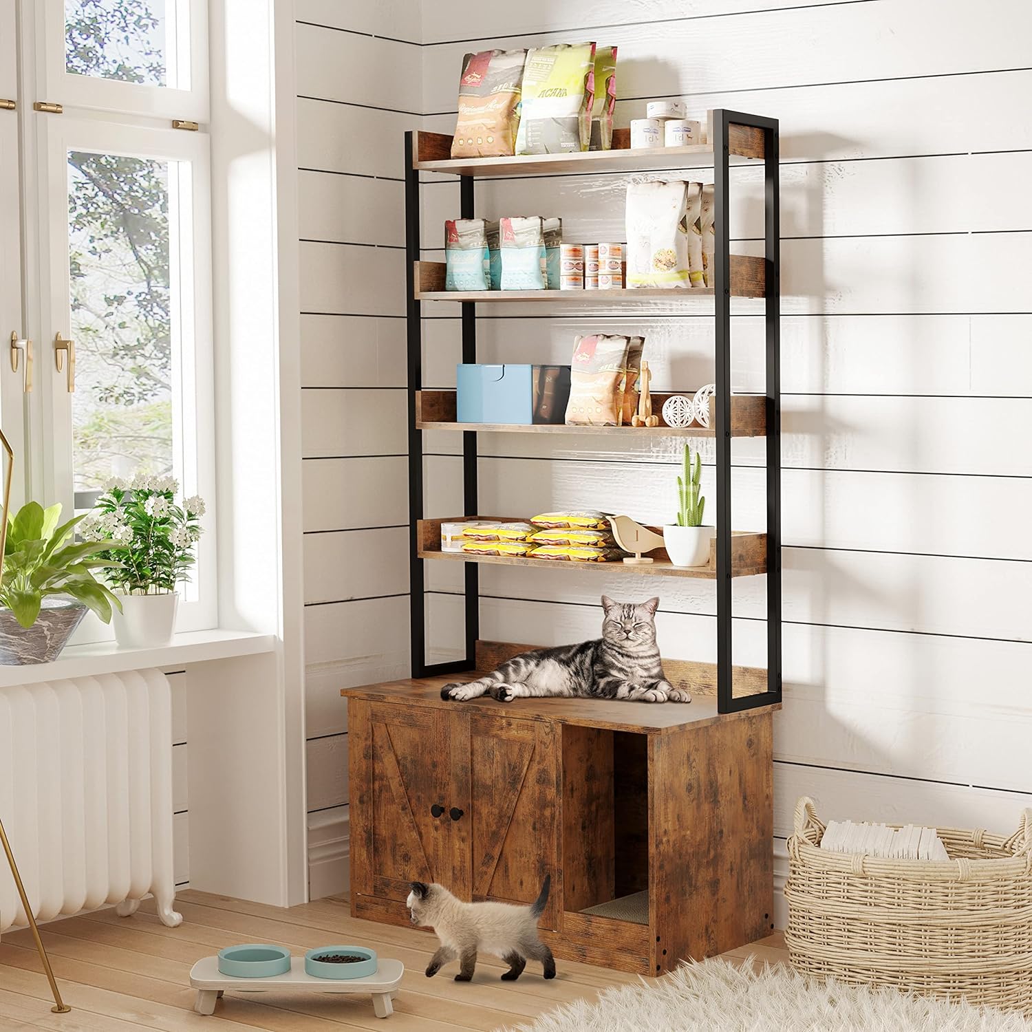 Hidden Cat Litter Box Enclosure with Storage, 4 Shelves and Doors, Fits Most of the Cat Litter Box