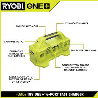 RYOBI ONE+ 18V Lithium-Ion 2.0 Ah Compact Battery (4-Pack) with 6-Port Charger PBP2006-PBP2006-PCG006