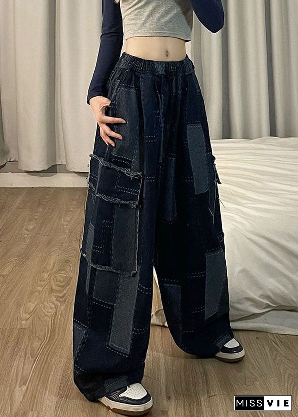 Italian Blue Pockets Patchwork Denim Wide Leg Pants Spring