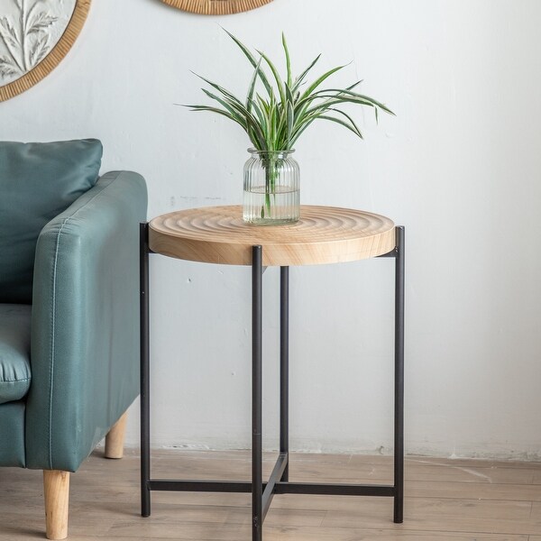 Modern Thread Design Round Coffee Table with Concentric Circular Pattern， MDF Table Top with Cross Legs Metal Base