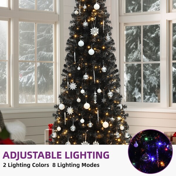 6/7.5 Ft Slim PreLit Black Pencil Christmas Tree with 700 Branch Tips and 200 LED Lights for Home，Office，and Party Decor