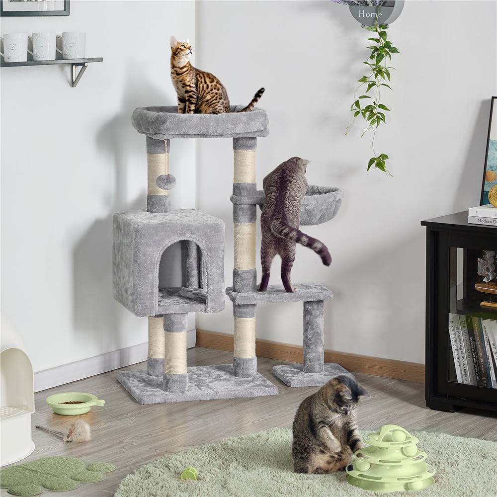 SMILE MART 4-Level Cat Tree Condo with Plush Perch， Light Gray