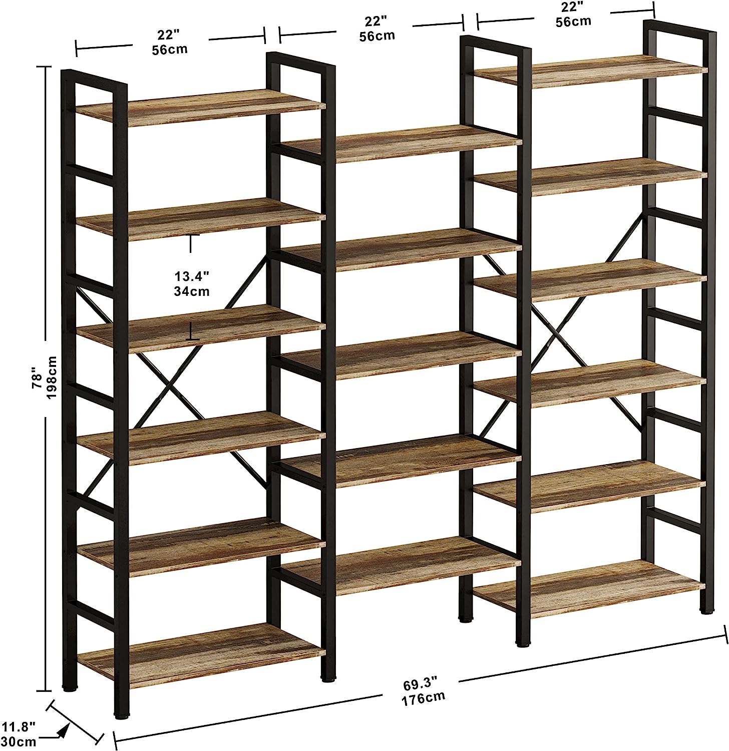 Triple Wide 6 Tiers Industrial Bookshelf, Large Etagere Bookcases and Bookshelves Open Display Shelves with Metal Frame