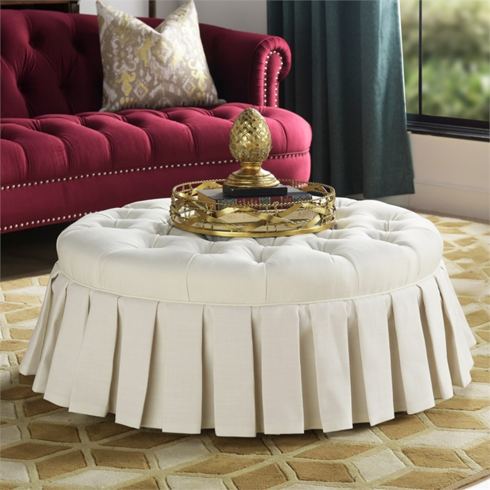 Maklaine Modern Tufted Cocktail Ottoman with Skirt in Antique White   Transitional   Footstools And Ottomans   by Homesquare  Houzz