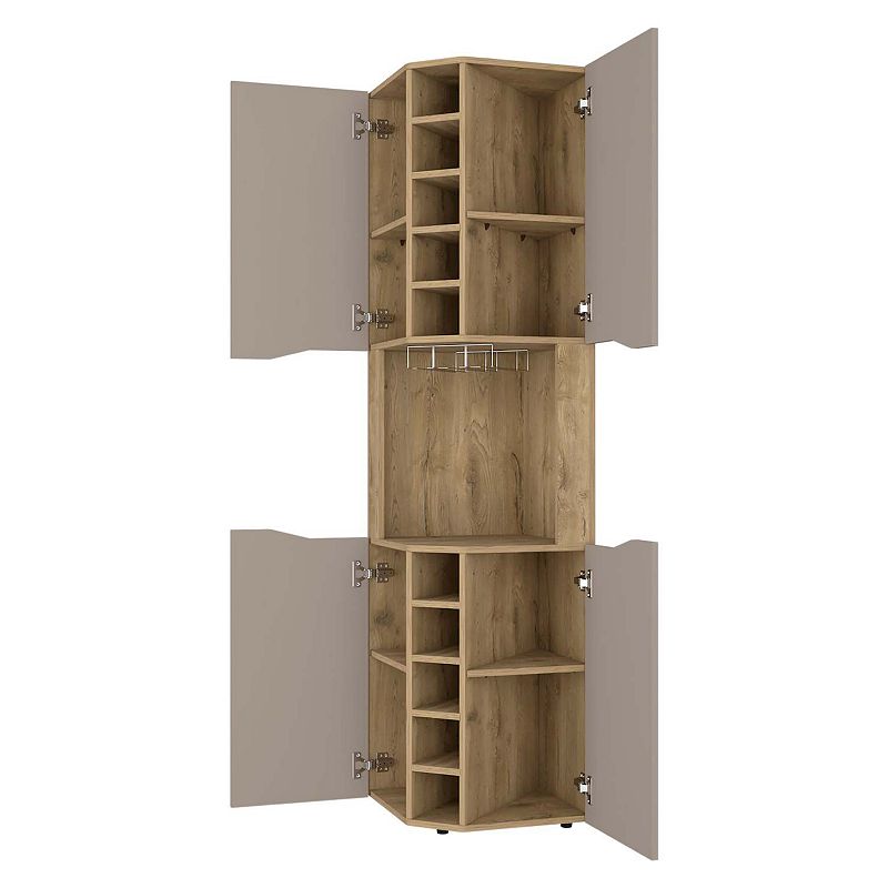 Lyla Corner Bar Cabinet， Ten Built-in Wine Rack， Four Door Cabinet， Four Interior Shelves