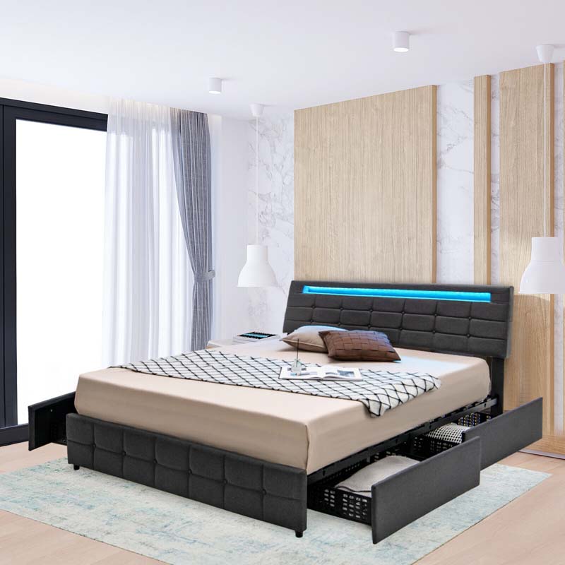 LED Upholstered Queen Bed Frame with 4 Drawers & USB Ports, Adjustable Tufted Headboard Platform Bed Frame