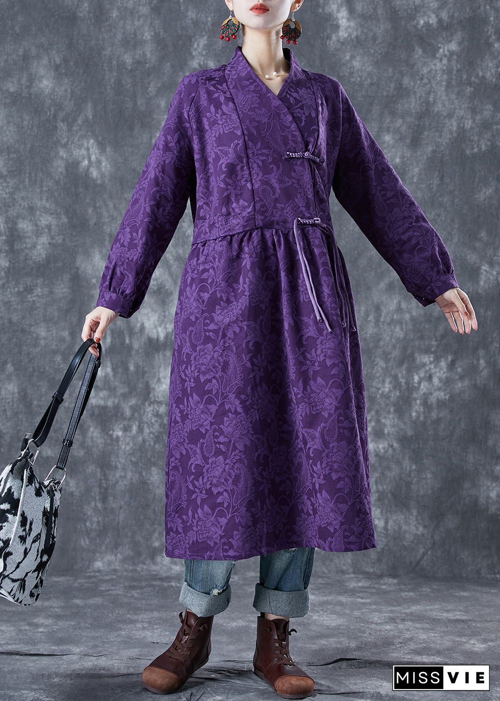 Chinese Style Purple Stand Collar Jacquard Linen Maxi Dresses Spring