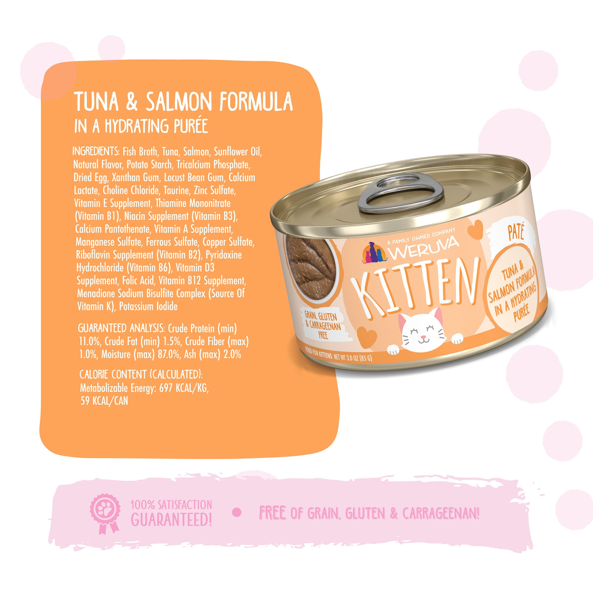 WERUVA Kitten Pate Tuna amp; Salmon Formula in a Hydrating Puree Wet Cat Food， 3 oz.， Case of 12