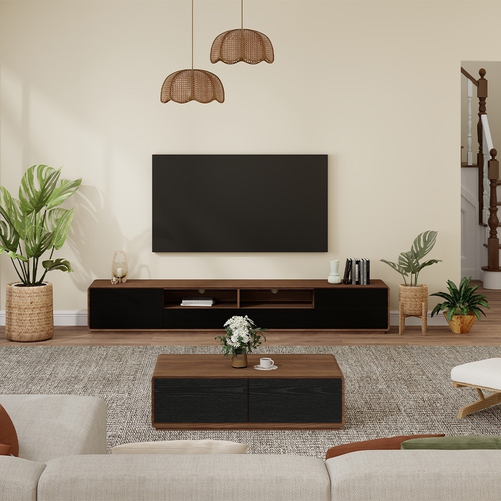 Modern Wood TV Stand  Lowline Media Console with 4 Drawers  Open Storage Cabinet  Walnut Veneer  Fully assembled