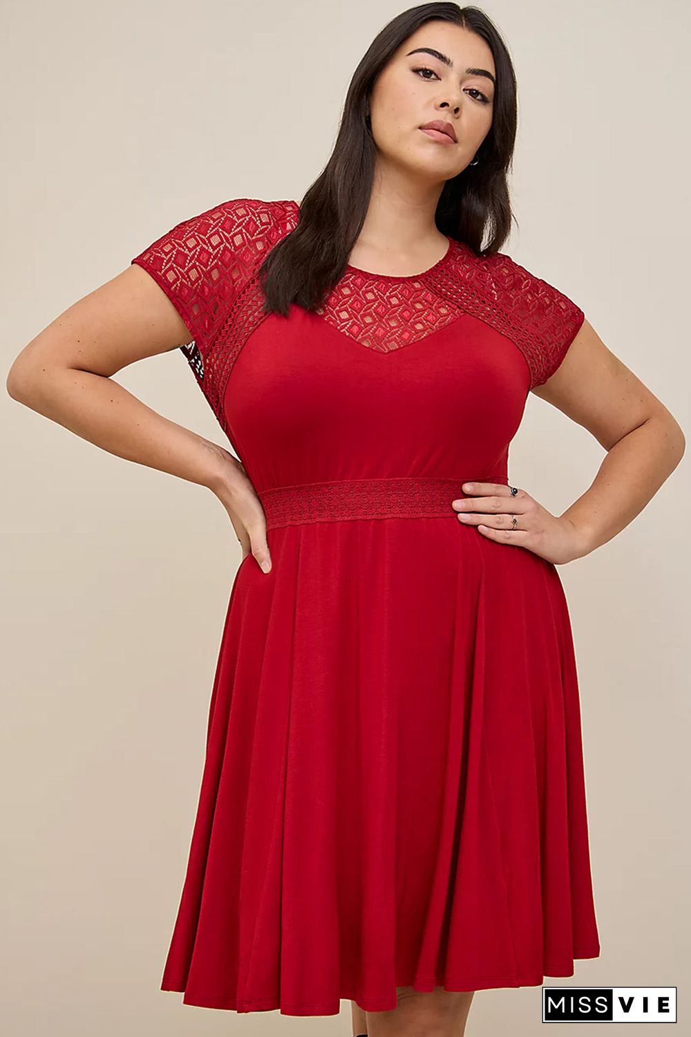 Red Plus Size Lace Yoke Splice Fit-and-flare Curvy Dress