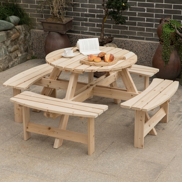 Gardenised Wooden Outdoor Patio Garden Round Picnic Table With Bench 8 Person Natural